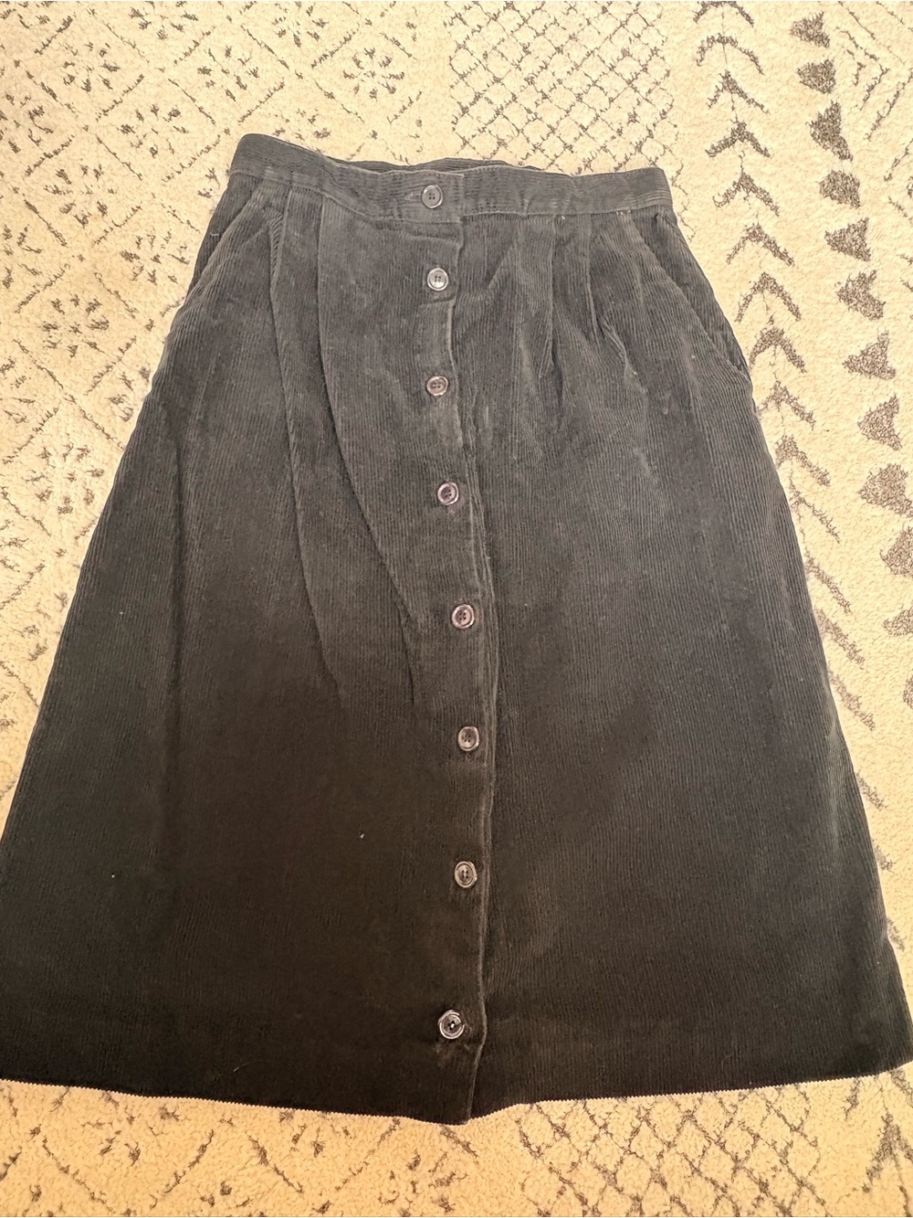 Symmetry Black Corduroy Button-Front A-Line Midi Skirt